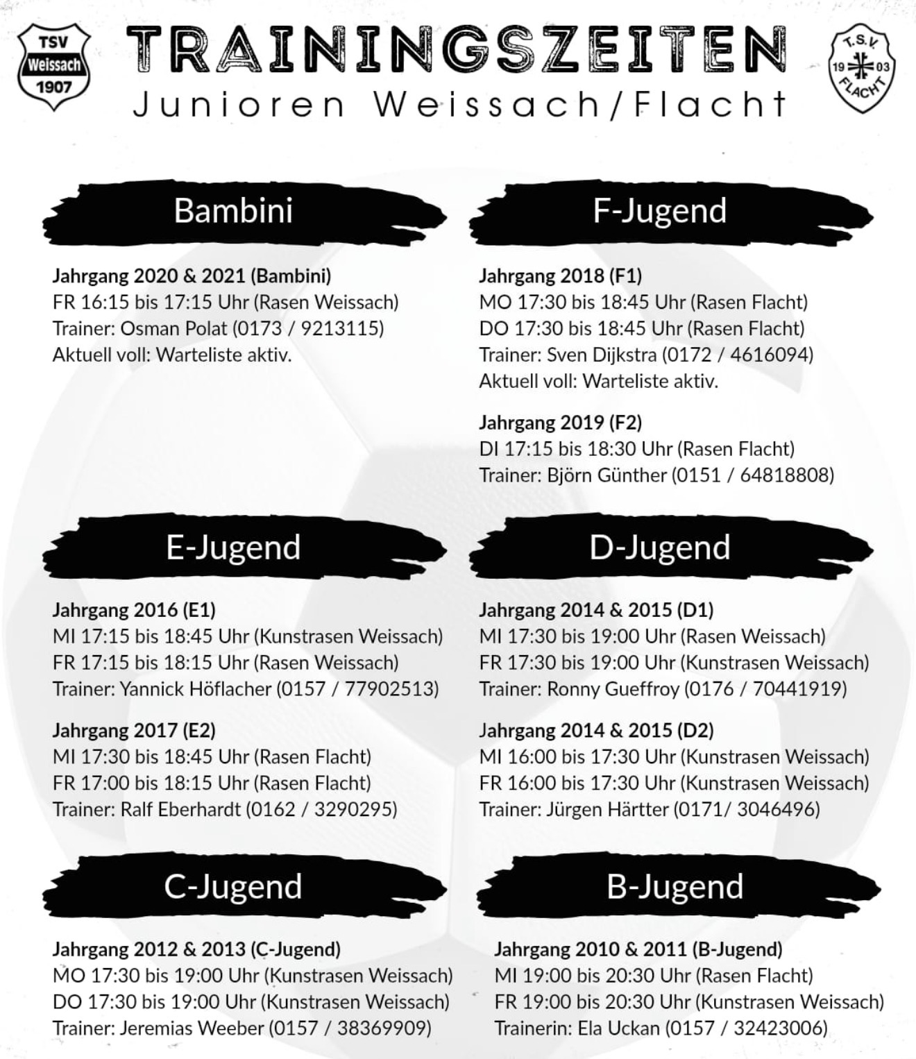 Trainingszeiten Junioren Weissach-Flacht Saison 2026/2027